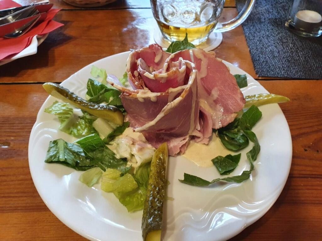 Restaurant Bohemia Smoked pork from Moravia with mustard sauce and sour cucumber