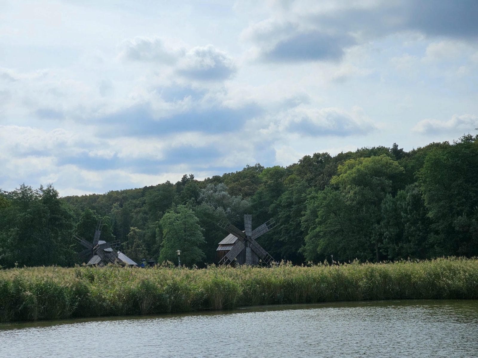 Windmills from lake